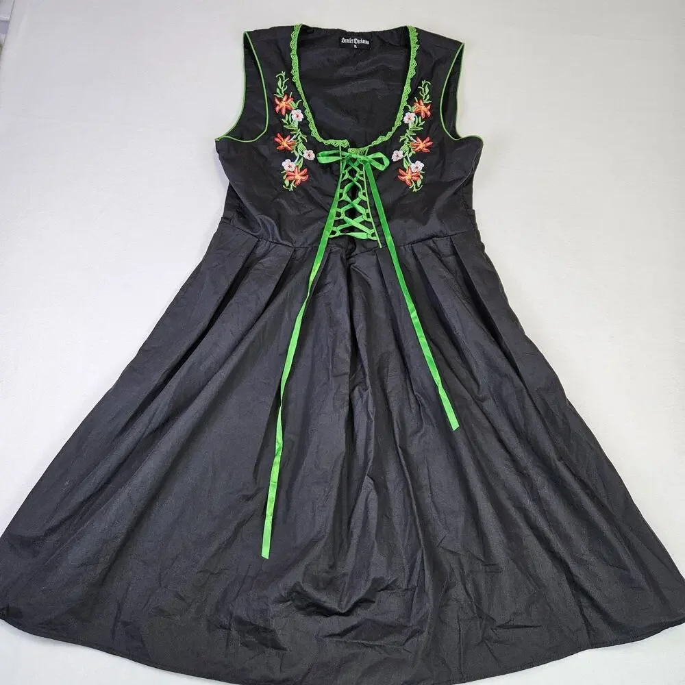 Scarlet Darkness Dirndl Dress XL Costume Bavarian Oktoberfest German Black Green - Picture 10 of 16